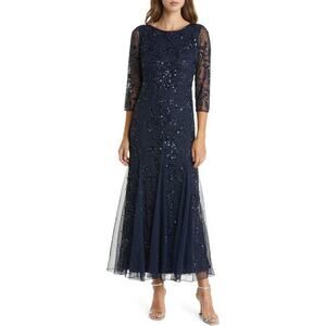 Pisarro Nights 'Illusion' Blue Jewel Neck Three Quarter Sleeve Beaded A-Line